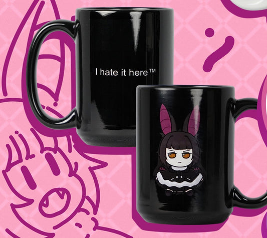 Black BatAtVideoGames "I hate it here™" mug